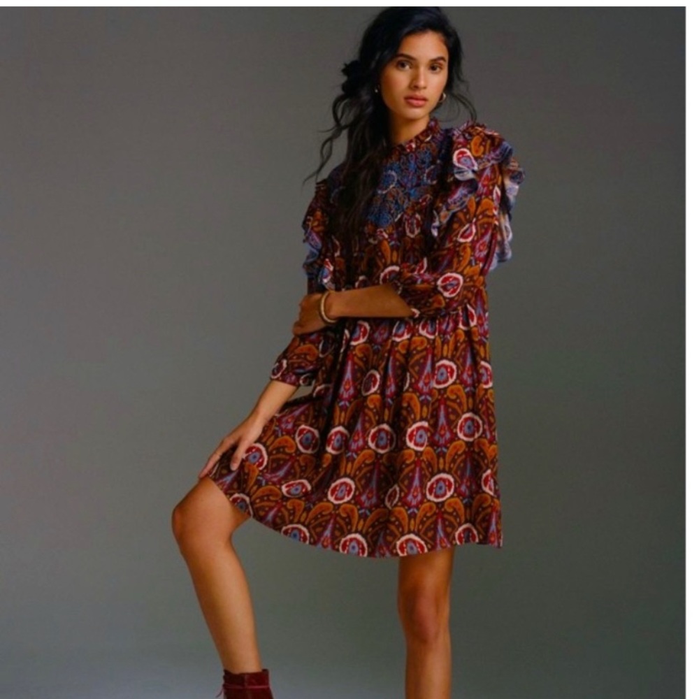 ANTHROPOLOGIE Seen Worn Kept Ruffled Tunic Mini Dress - 10P Petite